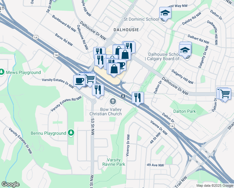 map of restaurants, bars, coffee shops, grocery stores, and more near Dalhousie LRT in Calgary