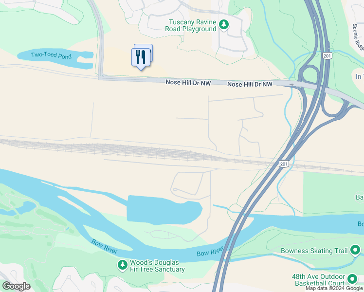 map of restaurants, bars, coffee shops, grocery stores, and more near Bearspaw Dam Road Northwest in Calgary
