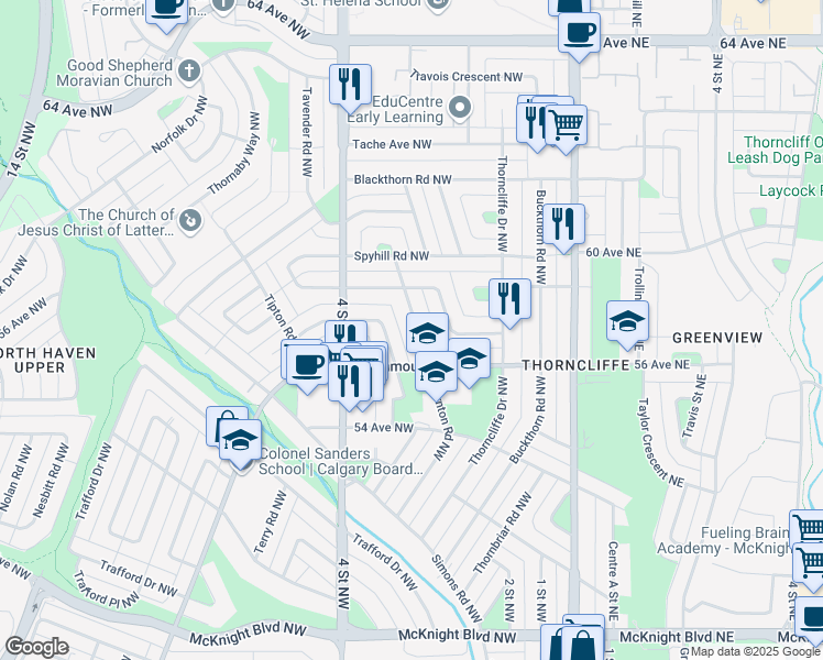 map of restaurants, bars, coffee shops, grocery stores, and more near 5919 Thornton Road Northwest in Calgary