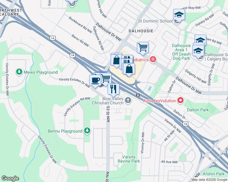 map of restaurants, bars, coffee shops, grocery stores, and more near 24 Varsity Estates Circle Northwest in Calgary