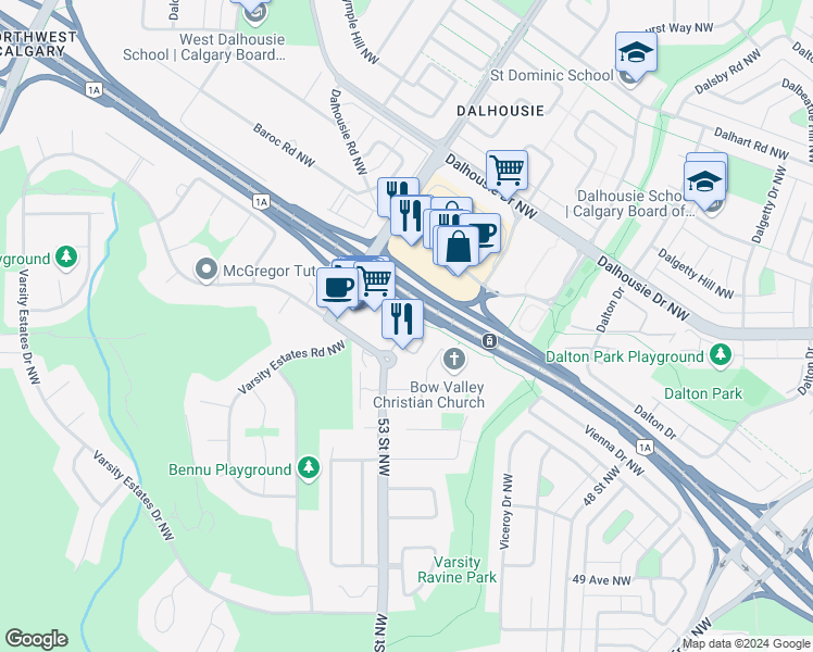 map of restaurants, bars, coffee shops, grocery stores, and more near 16 Varsity Estates Circle Northwest in Calgary
