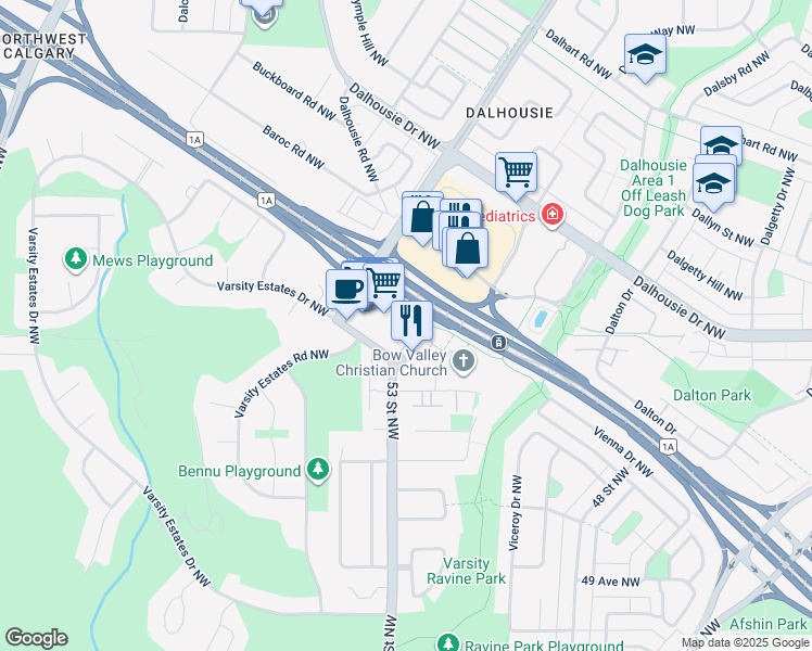 map of restaurants, bars, coffee shops, grocery stores, and more near 16 Varsity Estates Circle Northwest in Calgary