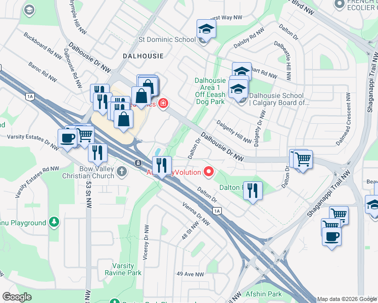 map of restaurants, bars, coffee shops, grocery stores, and more near 308 Dalton Drive Northwest in Calgary