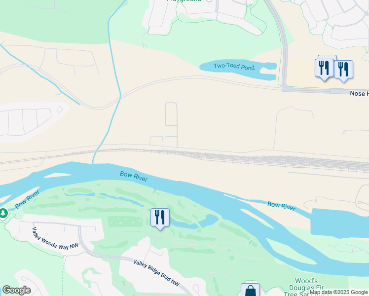 map of restaurants, bars, coffee shops, grocery stores, and more near 11444 Bearspaw Dam Road Northwest in Calgary