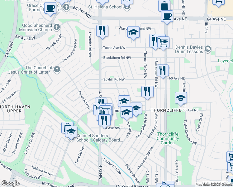map of restaurants, bars, coffee shops, grocery stores, and more near 5919 Thornton Road Northwest in Calgary