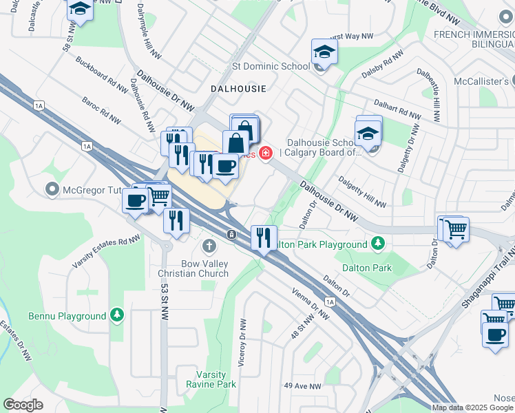 map of restaurants, bars, coffee shops, grocery stores, and more near Dalhousie LRT in Calgary
