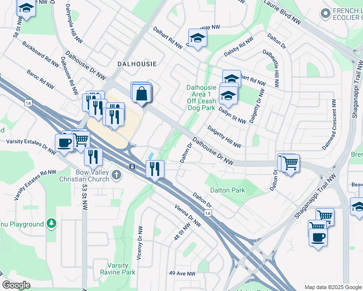 map of restaurants, bars, coffee shops, grocery stores, and more near 4729 Dalhousie Drive Northwest in Calgary