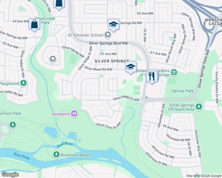 map of restaurants, bars, coffee shops, grocery stores, and more near 136 Silver Ridge Close Northwest in Calgary