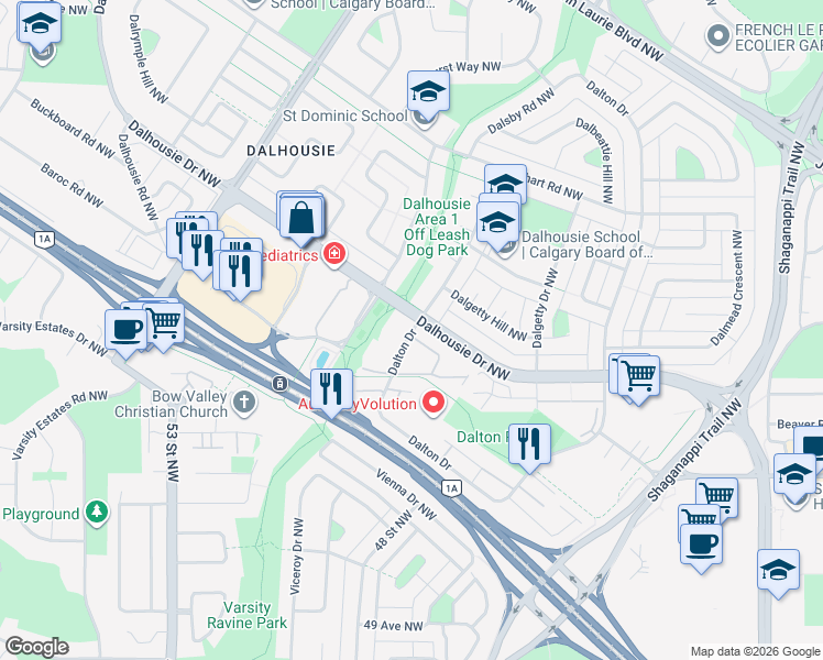 map of restaurants, bars, coffee shops, grocery stores, and more near 5801 Dalgleish Road Northwest in Calgary