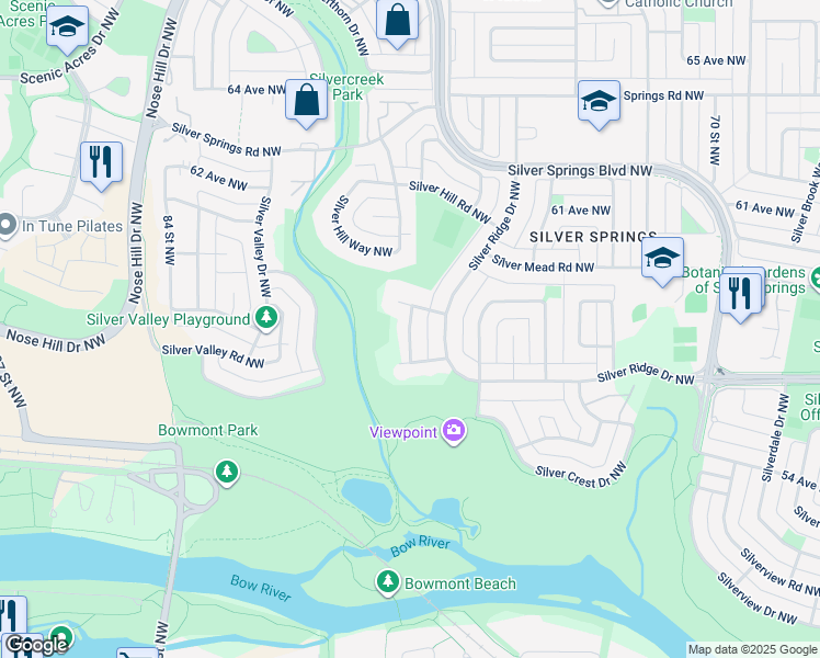 map of restaurants, bars, coffee shops, grocery stores, and more near Silver Crest Crescent Northwest in Calgary