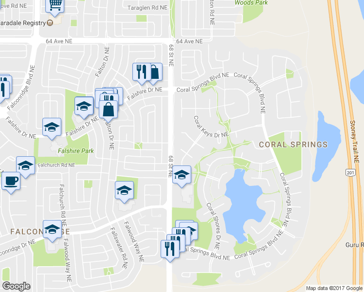 map of restaurants, bars, coffee shops, grocery stores, and more near 317 Coral Keys Villas Northeast in Calgary