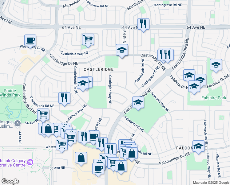 map of restaurants, bars, coffee shops, grocery stores, and more near 104 Castleglen Crescent Northeast in Calgary