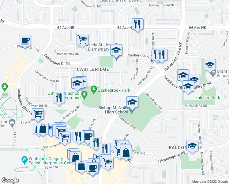map of restaurants, bars, coffee shops, grocery stores, and more near 104 Castleglen Crescent Northeast in Calgary