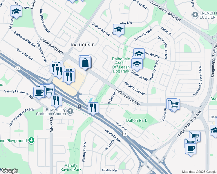 map of restaurants, bars, coffee shops, grocery stores, and more near 4729 Dalhousie Drive Northwest in Calgary