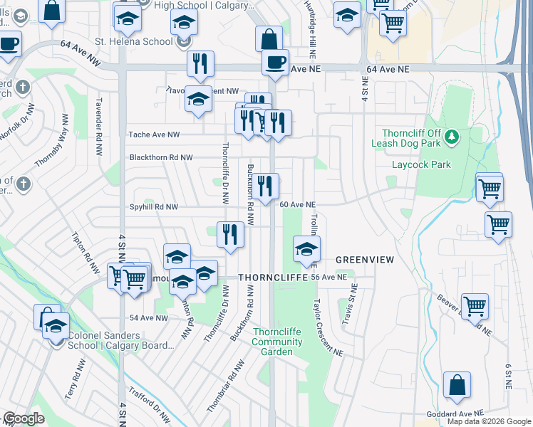 map of restaurants, bars, coffee shops, grocery stores, and more near 6011 Centre Street Northeast in Calgary