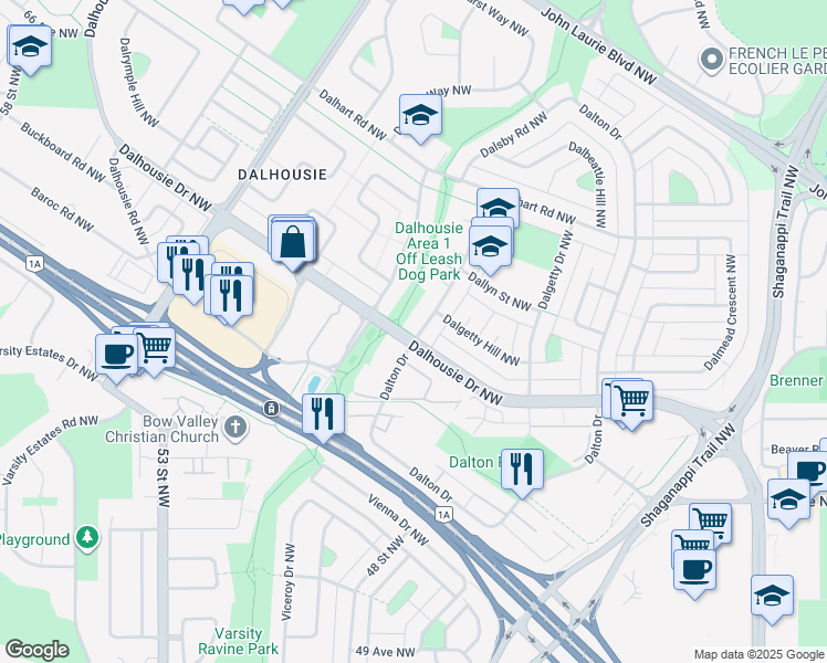 map of restaurants, bars, coffee shops, grocery stores, and more near 5801 Dalgleish Road Northwest in Calgary