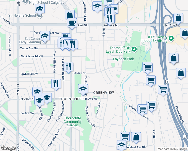 map of restaurants, bars, coffee shops, grocery stores, and more near 421 60 Avenue Northeast in Calgary