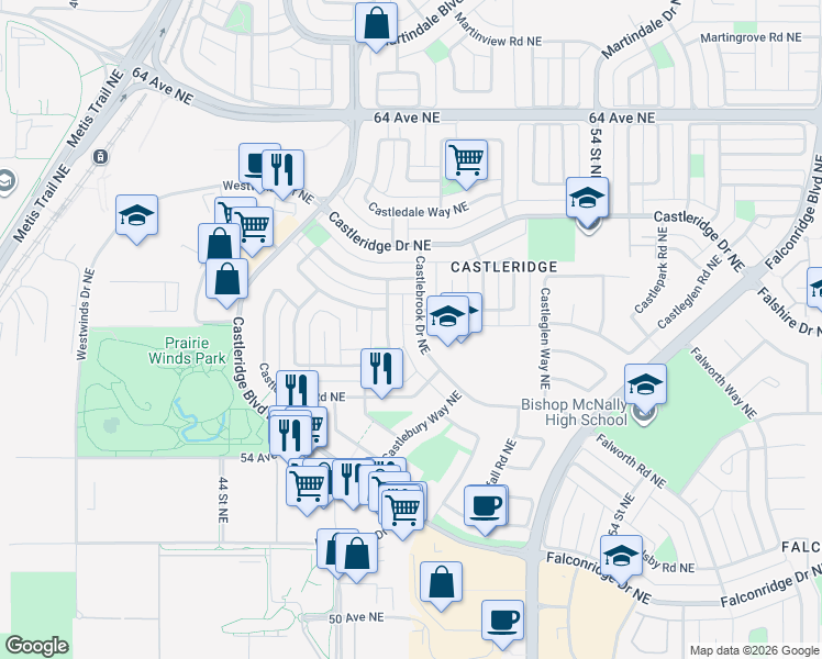 map of restaurants, bars, coffee shops, grocery stores, and more near 147 Castlebrook Drive Northeast in Calgary