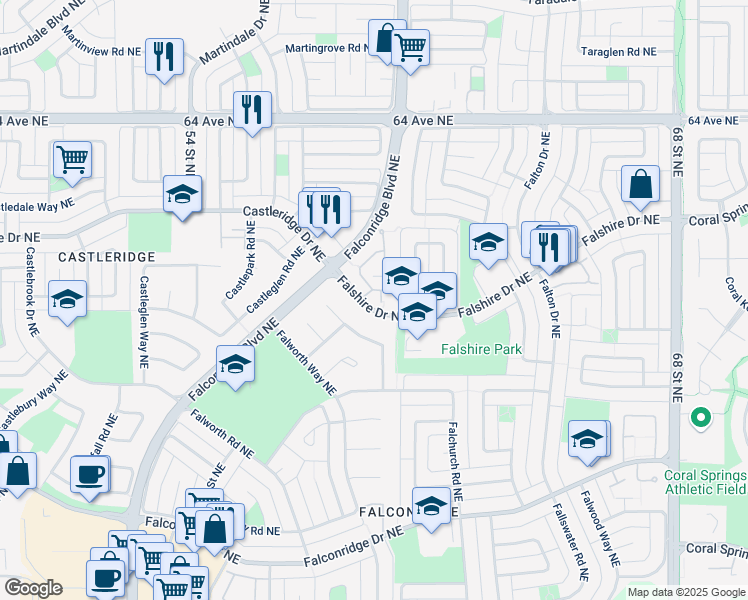 map of restaurants, bars, coffee shops, grocery stores, and more near 7 Falshire Terrace Northeast in Calgary