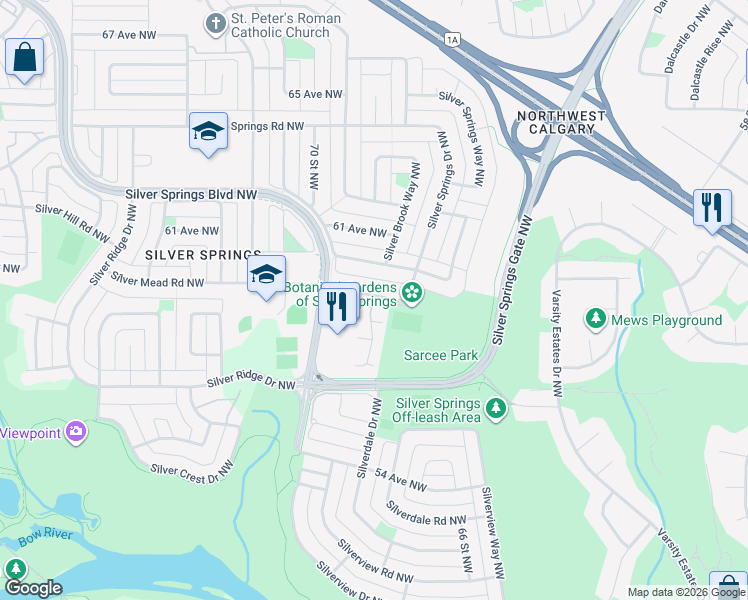 map of restaurants, bars, coffee shops, grocery stores, and more near 19 Silver Brook Drive Northwest in Calgary