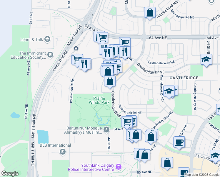 map of restaurants, bars, coffee shops, grocery stores, and more near 303 Castleridge Boulevard Northeast in Calgary