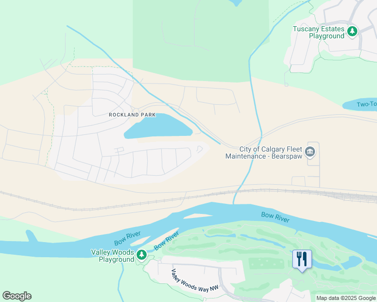 map of restaurants, bars, coffee shops, grocery stores, and more near Bearspaw Dam Road Northwest in Calgary