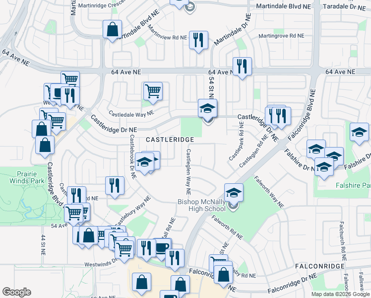 map of restaurants, bars, coffee shops, grocery stores, and more near 88 Castleglen Way Northeast in Calgary