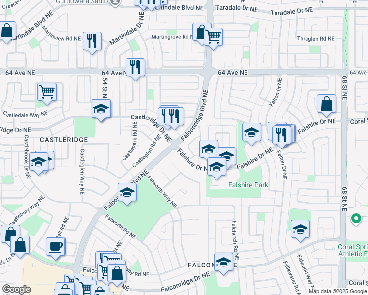 map of restaurants, bars, coffee shops, grocery stores, and more near 123 Falshire Terrace Northeast in Calgary