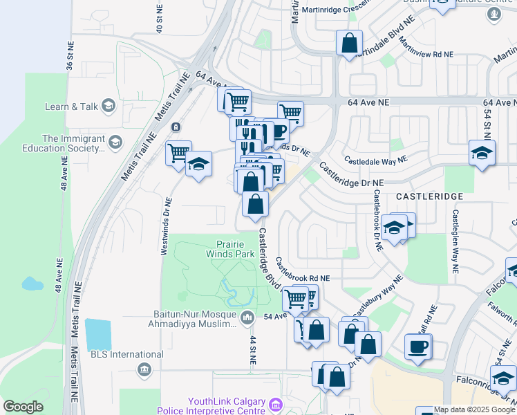 map of restaurants, bars, coffee shops, grocery stores, and more near 303 Castleridge Boulevard Northeast in Calgary