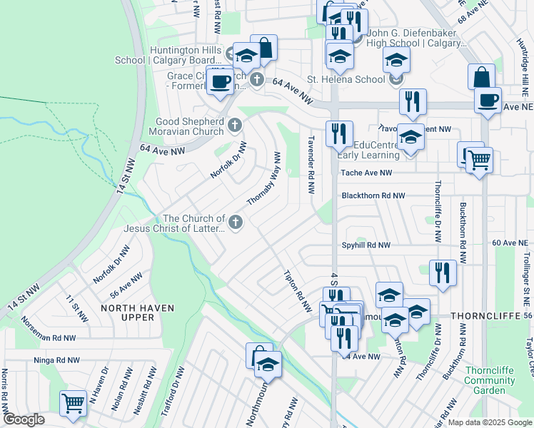map of restaurants, bars, coffee shops, grocery stores, and more near 6119 Touchwood Drive Northwest in Calgary