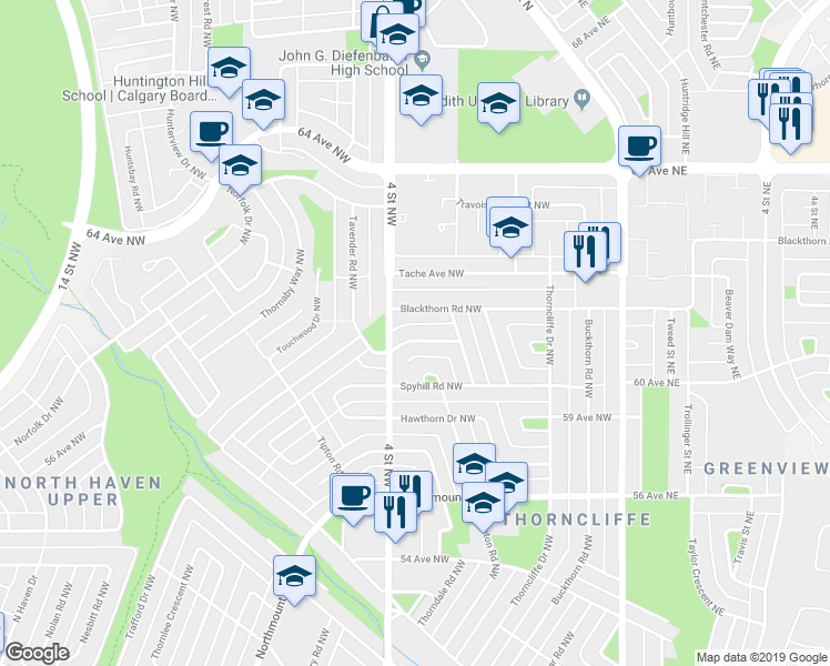 map of restaurants, bars, coffee shops, grocery stores, and more near 424 Tavender Road Northwest in Calgary