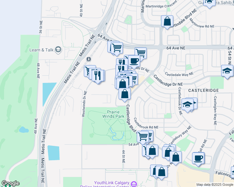 map of restaurants, bars, coffee shops, grocery stores, and more near 207-32 Westwinds Crescent Northeast in Calgary