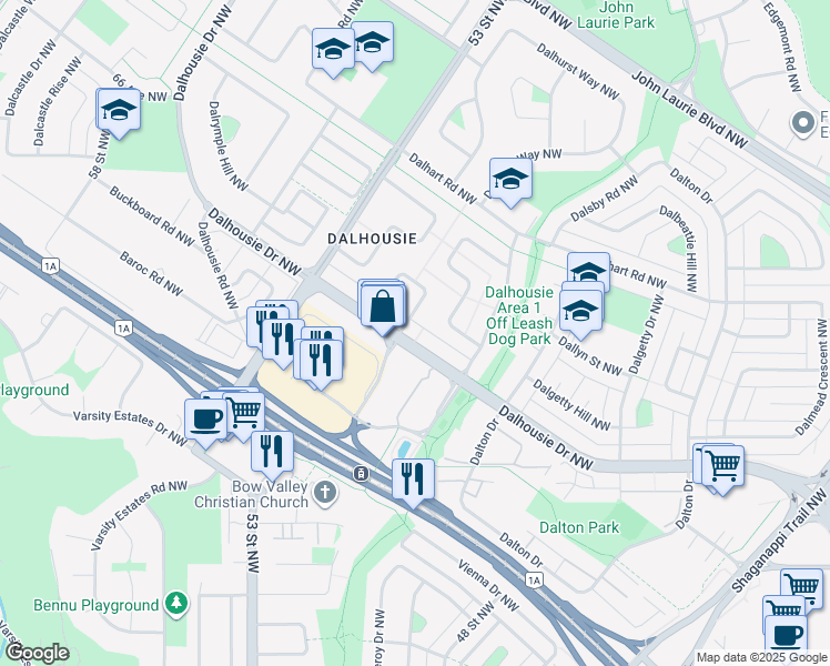 map of restaurants, bars, coffee shops, grocery stores, and more near 4836 Dalhousie Drive Northwest in Calgary