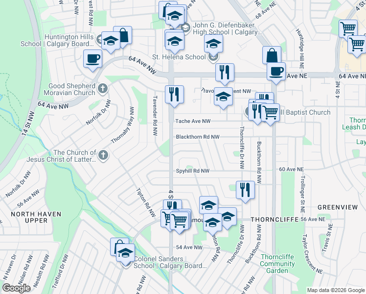map of restaurants, bars, coffee shops, grocery stores, and more near 424 Tavender Road Northwest in Calgary