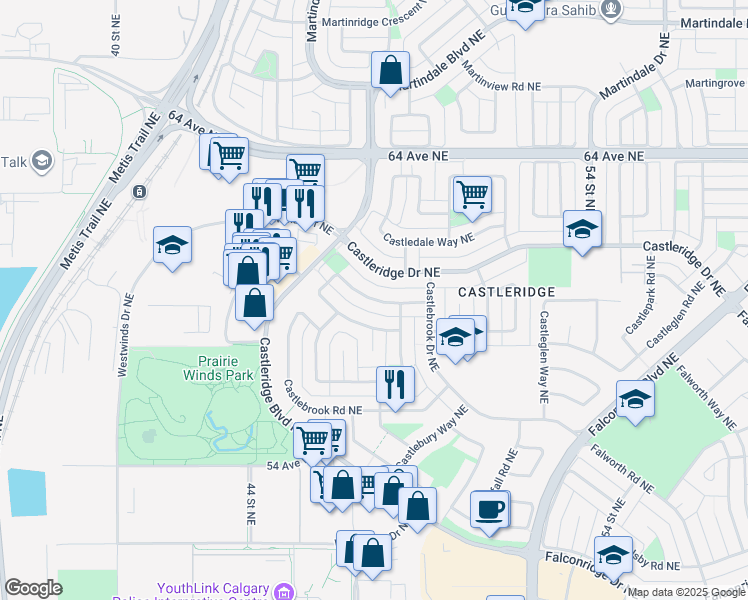 map of restaurants, bars, coffee shops, grocery stores, and more near Castlebrook Way Northeast in Calgary