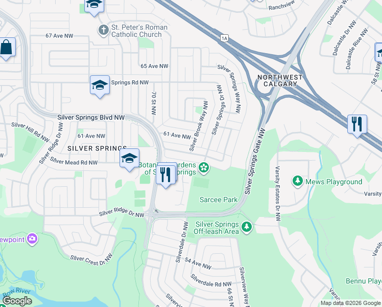 map of restaurants, bars, coffee shops, grocery stores, and more near 19 Silver Brook Drive Northwest in Calgary