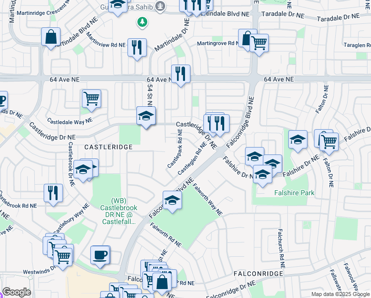 map of restaurants, bars, coffee shops, grocery stores, and more near 69 Castlepark Road Northeast in Calgary