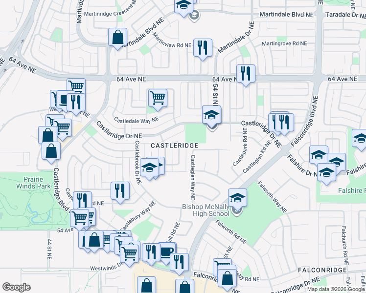 map of restaurants, bars, coffee shops, grocery stores, and more near 88 Castleglen Way Northeast in Calgary