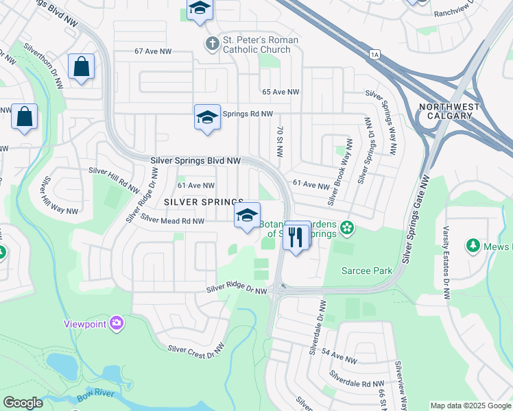 map of restaurants, bars, coffee shops, grocery stores, and more near 215 Silver Mead Close Northwest in Calgary