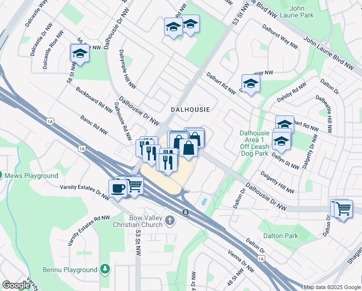 map of restaurants, bars, coffee shops, grocery stores, and more near 5201 Dalhousie Drive Northwest in Calgary