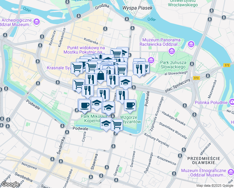 map of restaurants, bars, coffee shops, grocery stores, and more near 30 Wierzbowa in Wroclaw