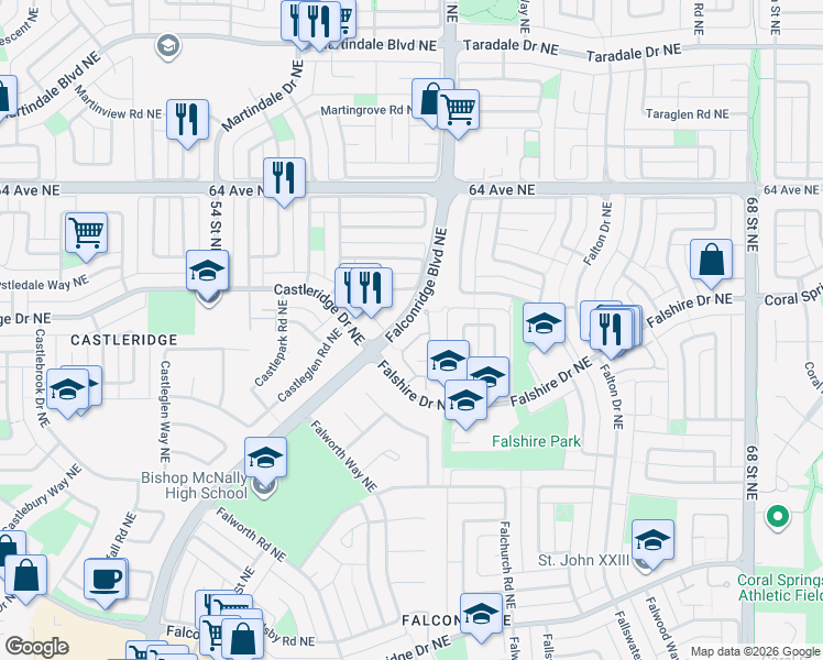 map of restaurants, bars, coffee shops, grocery stores, and more near 123 Falshire Terrace Northeast in Calgary