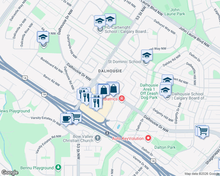map of restaurants, bars, coffee shops, grocery stores, and more near 5204 Dalhousie Drive Northwest in Calgary