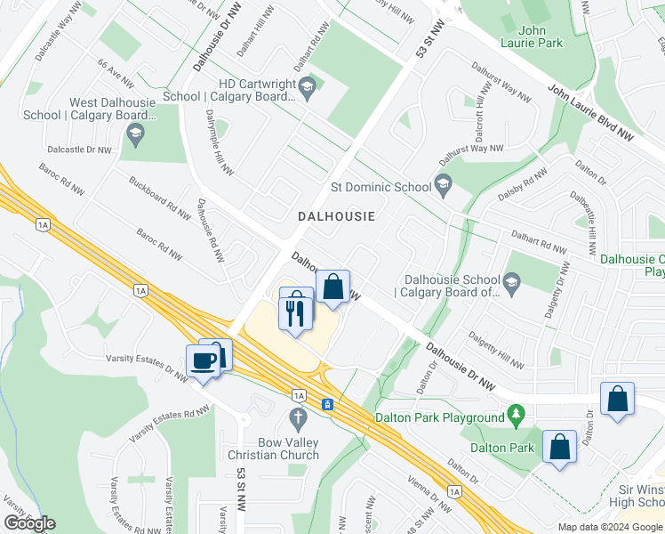 map of restaurants, bars, coffee shops, grocery stores, and more near 5206 Dalhousie Drive Northwest in Calgary