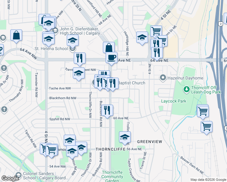 map of restaurants, bars, coffee shops, grocery stores, and more near 6440 Centre Street North in Calgary