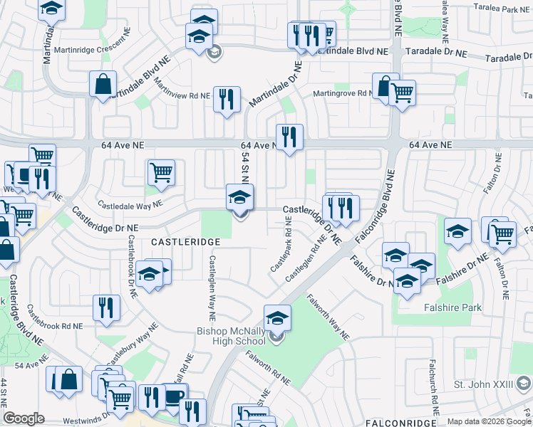 map of restaurants, bars, coffee shops, grocery stores, and more near 79 Castleridge Drive Northeast in Calgary