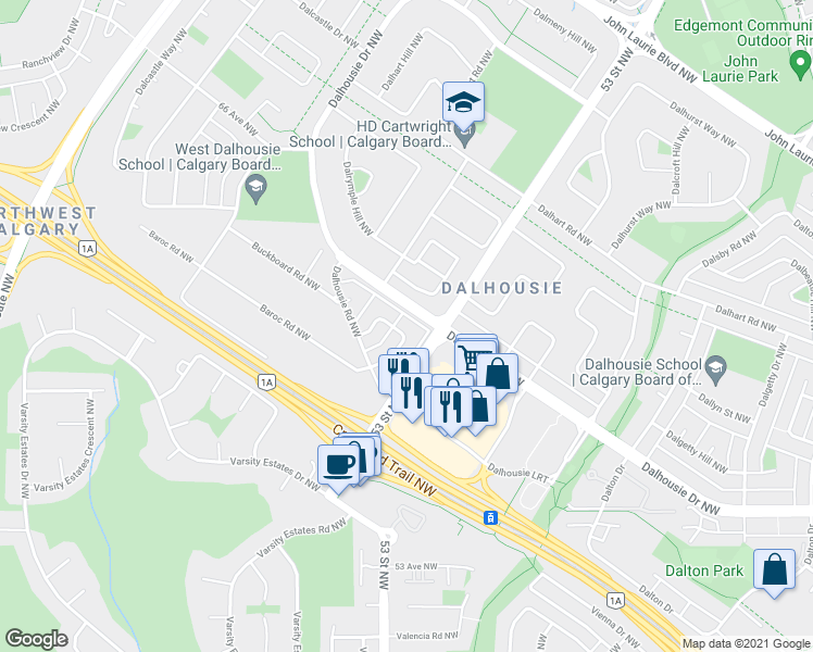 map of restaurants, bars, coffee shops, grocery stores, and more near 36 Dalhousie Crescent Northwest in Calgary
