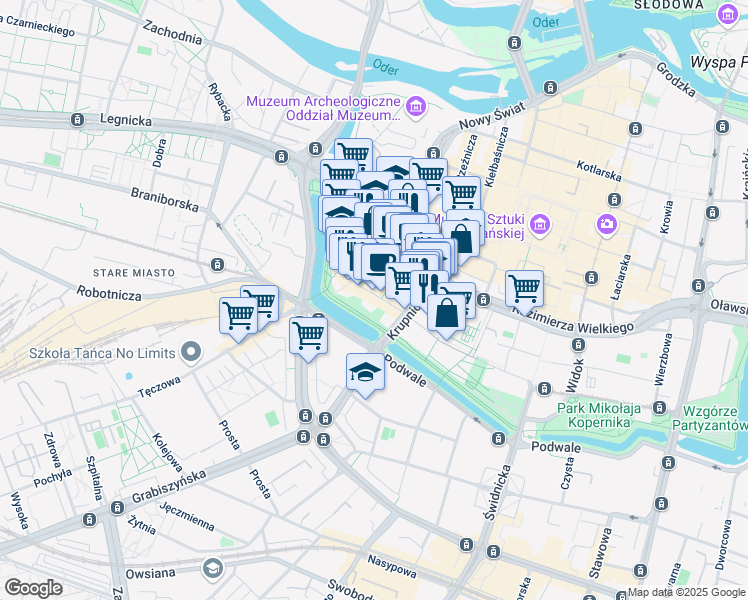 map of restaurants, bars, coffee shops, grocery stores, and more near 6 Pawła Włodkowica in Wrocław