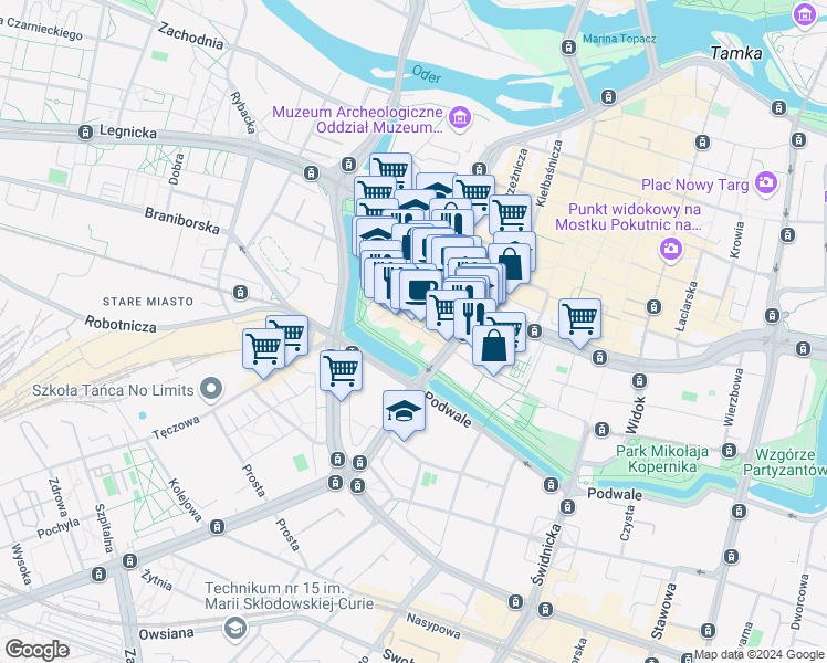 map of restaurants, bars, coffee shops, grocery stores, and more near 6 Pawła Włodkowica in Wrocław