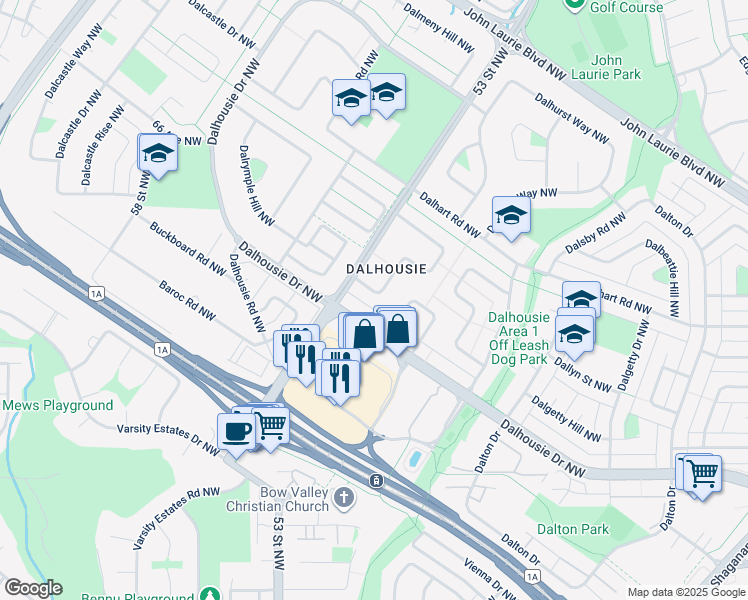 map of restaurants, bars, coffee shops, grocery stores, and more near 5820 Dalridge Hill Northwest in Calgary